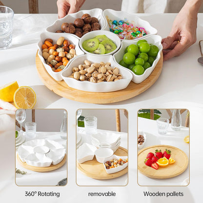 7-Piece Divided Serving Tray Set for Party, 12-Inch Rotating Serving Tray for Dining Table with Removable Dividers, Lazy Susan Platter for Charcuterie, Appetizers & Snacks