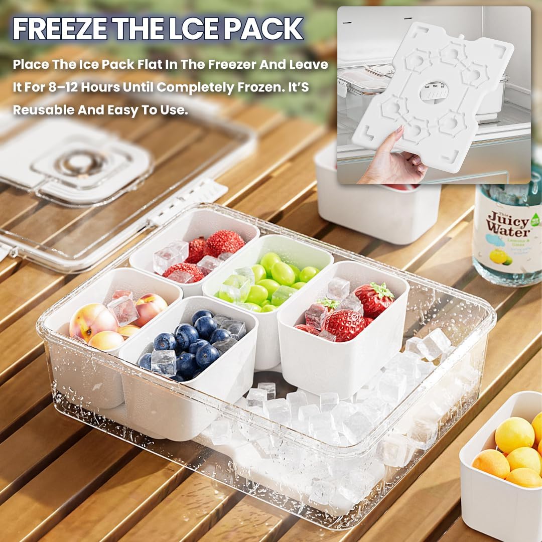 Snackle Box Container with Reusable Ice Pack, 8-Compartment Divided Serving Tray with Lid & Handle, Cooling Charcuterie Snack Box Organizer for Travel, Outdoor Parties, Beach & Picnic