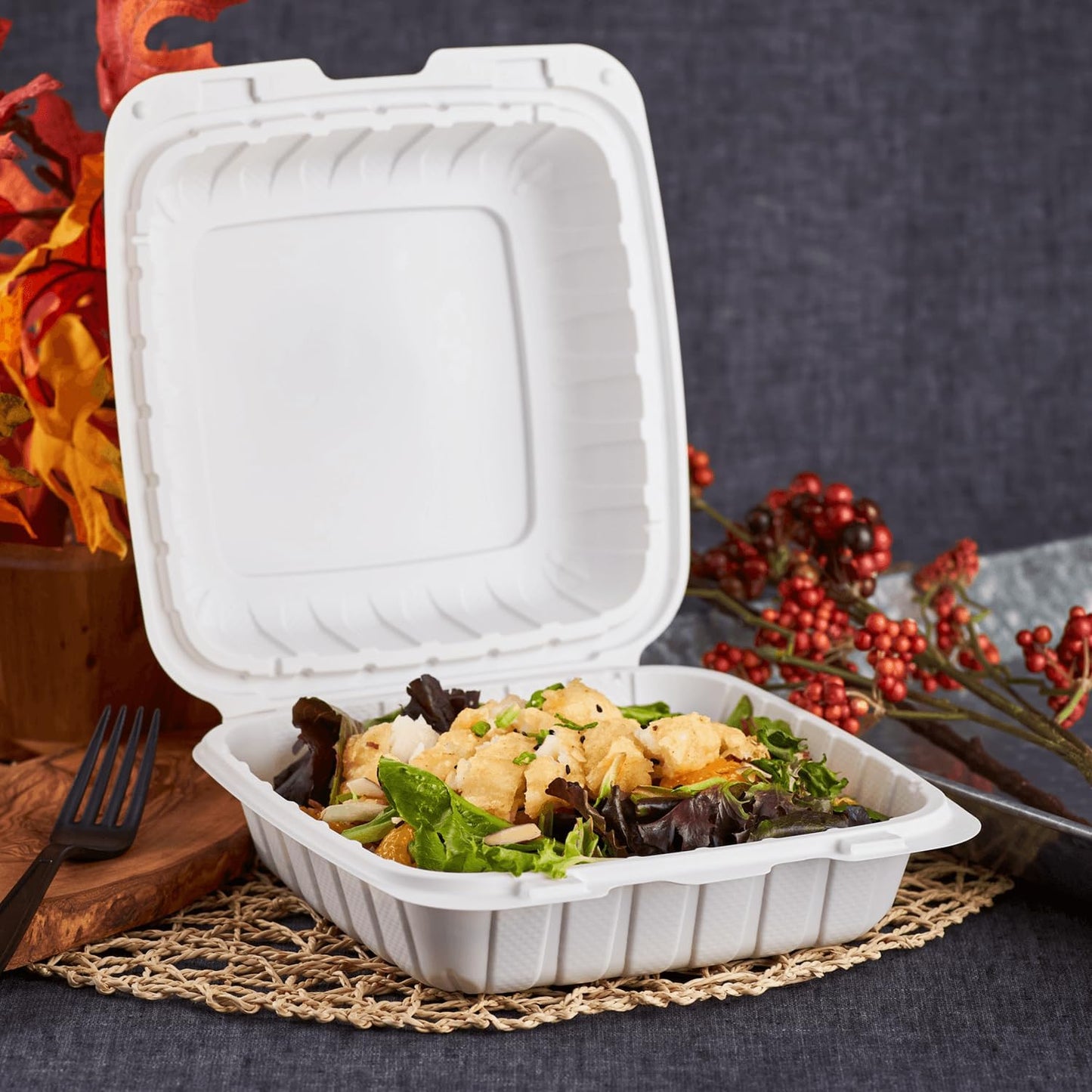 KARAT EARTH Clamshell Take Out Food Containers [8"x8" - 200 ct] To Go Containers | 3 Compartment, Soak-Resistant, Durable, Stackable | Vented for Hot/Cold Foods, White