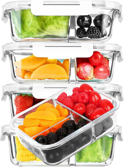 M MCIRCO [5-Pack, 36 oz] Glass Meal Prep Containers 3 Compartment with Lids, Glass Lunch Containers,Food Prep Lunch Box,Bento Box,Microwave, Oven, Freezer, Dishwasher (4.5 Cups, Green)