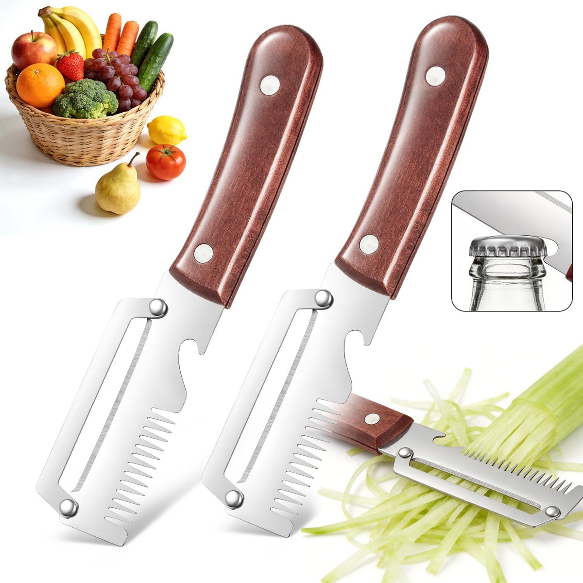 3-in-1 Stainless Steel Vegetable Peeler & Julienne Cutter with Bottle Opener - Multifunctional Kitchen Gadget for Fruits, Veggies, Camping & Daily Home Cooking(2-Pack) wooden