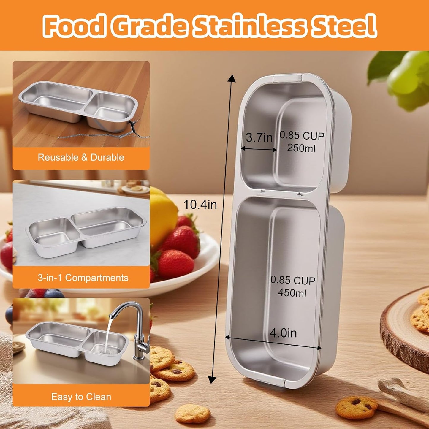Stainless Steel Snack Containers with Lids, Reusable Condiment Storage Box, Divided Food Storage for School, Home, Travel, Multiple Compartment Leak-Proof Box (‎3 Compartment)