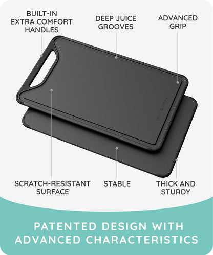 Cutting Boards for Kitchen, Plastic Cutting Board Set of 3, Dishwasher Safe Cutting Boards with Juice Grooves for Meat, Veggies, Fruits, Easy Grip Handle, Non-Slip (Black/Gray)