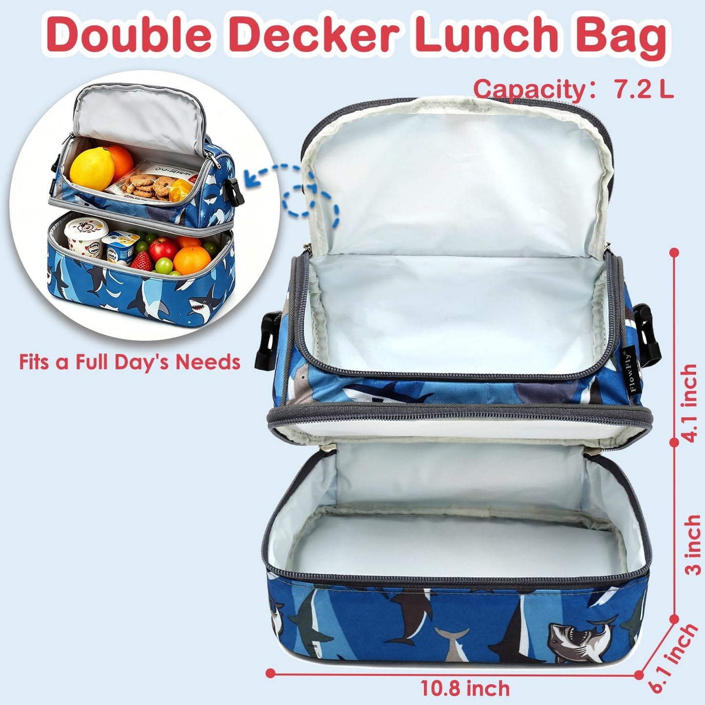 FlowFly Kids Double Decker Cooler Insulated Lunch Bag Large Tote for Boys, Girls, Men, Women, With Adjustable Strap, Unicorn