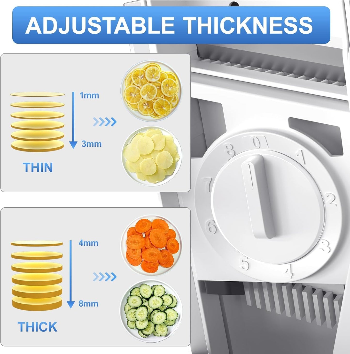 QYKIC Safe Mandoline Slicer,Vegetable Potato Slice Food Cutter for Kitchen,Thickness Adjustable Upright Veggie Chopper for Fast Meal prep (Gray)