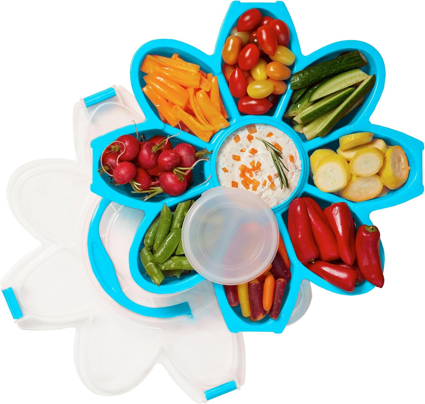 KOLORAE Flower Snack Serving Tray - 9 Compartment Party Platter with Dressing Cup for Chips and Dip, Fruits and Veggies - Game Day & Summer Entertaining Tray