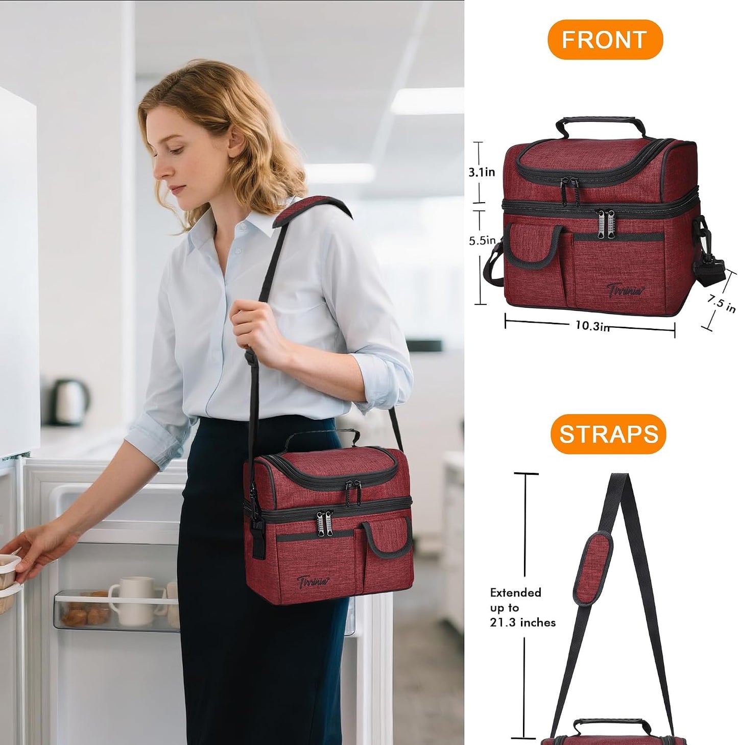 Tirrinia Reusable Lunch Box for Men Women, Insulated Lunch Bag Adult Work, Double Decker Leakproof Lunchbox for Office Picnic Beach—Dual Compartment Lunch Cooler Bag