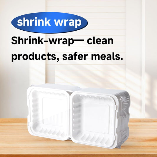 Food Containers 7.8" 30 oz 65 Pack - BPA Free Mineral Filled PP Plastic | 3 Compartment Shrink Wrap Clamshell Stackable | Reusable Freezer & Microwave Safe | White Commercial Takeout Boxes
