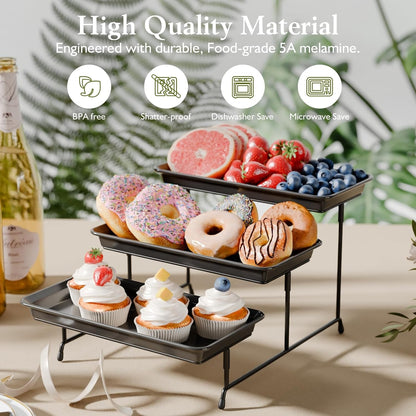 3-Tier Melamine Serving Tray Set, 11.5" x 5.6" Platters for Serving Food, Black Reusable Trays with Black Metal Display Stand for Cupcakes, Sevring Food, Dessert, Fruit, Cookie, Gold