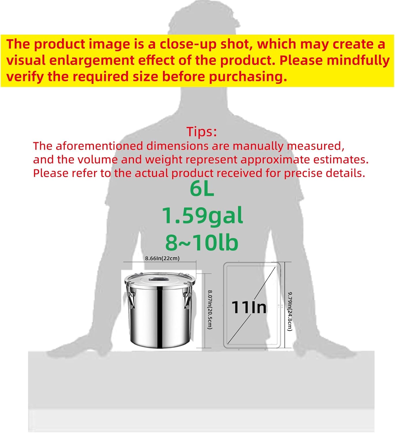 304 stainless steel food storage containers with lids lock clips airtight container large airtight for rice flour sugar grain coffee bean storage containers Kitchen jar (3.17gal/12L)