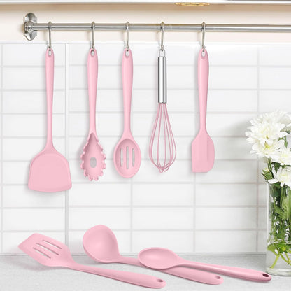 TeamFar Silicone Cooking Utensils Set, 8 PCS Kitchen Utensils Set, 446°F Heat Resistant, Turner, Spatula, Spoon, Whisk, Kitchen Cooking Gadgets Tools for Nonstick Cookware, Dishwasher Safe-Khaki