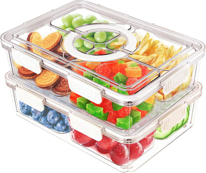 Divided Serving Tray with Lid & Handle, 4 Compartment Removable Snack Box, Kitchen Organizers and Storage, Snackle Box Container, BPA-Free Fruit Storage Container for Berry, Snack, Candy, Nuts…