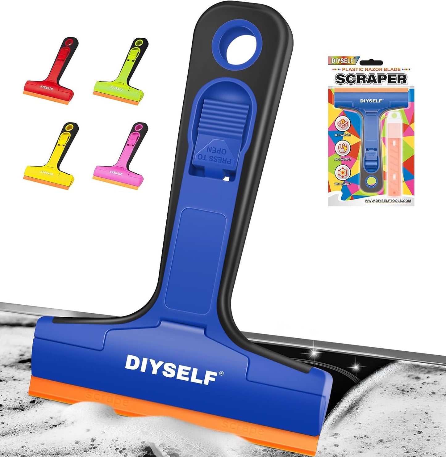 DIYSELF Razor Blade Scraper, 1 Pack Scraper Tool with 10pcs 4-Inch Blades, Razor Scraper for Cleaning Glass, Window, Stove Top, Oven, Kitchen, Cooktop, Shower Door, Sticky Residue, Tile, Wallpaper