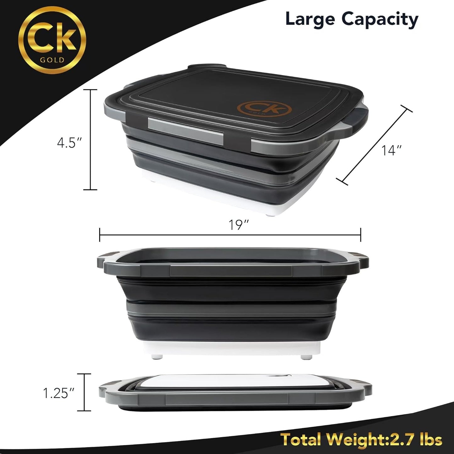 New XL Collapsible BBQ Prep Tub with LOCKING Lid, Cutting Board & Drain Hole | BPA-Free, Food-Grade, Space-Saving Prep Tubs for Marinating, Grilling, Camping & Outdoor Cooking (Black, 16L)