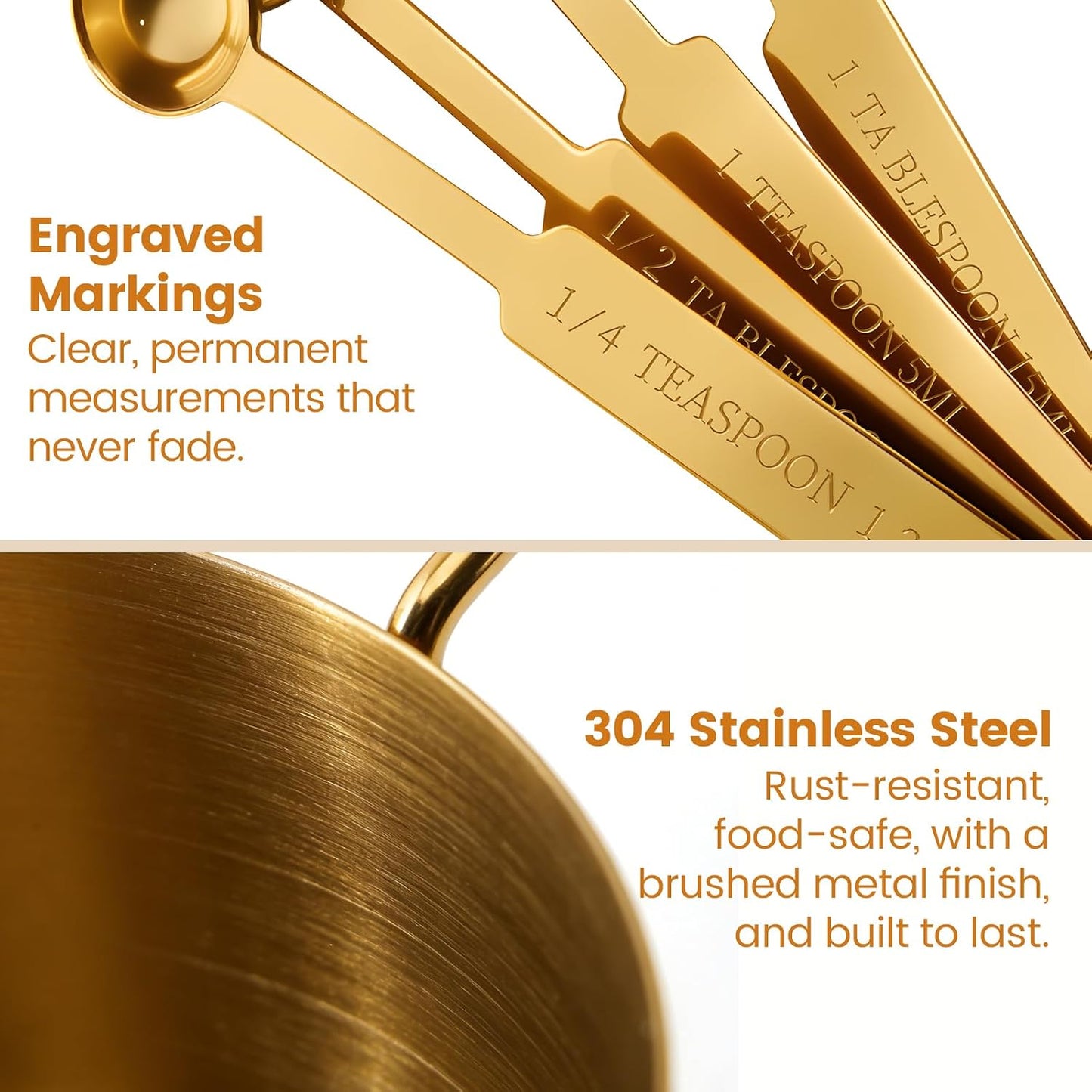 Gold 304 Stainless Steel Measuring Cup and Spoon Set, Stackable, 8-Piece, Long Handle for Narrow Bottles, Premium Gold Kitchen Utensils for Cooking and Mothers Day Gift