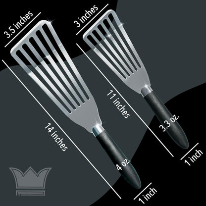 Professional Fish Spatula Stainless Steel Set - 1 Large + 1 Small stainless steel spatula - mirror polished spatulas with heat resistant ergonomic handles - fish turner for Flipping, Frying & Grilling