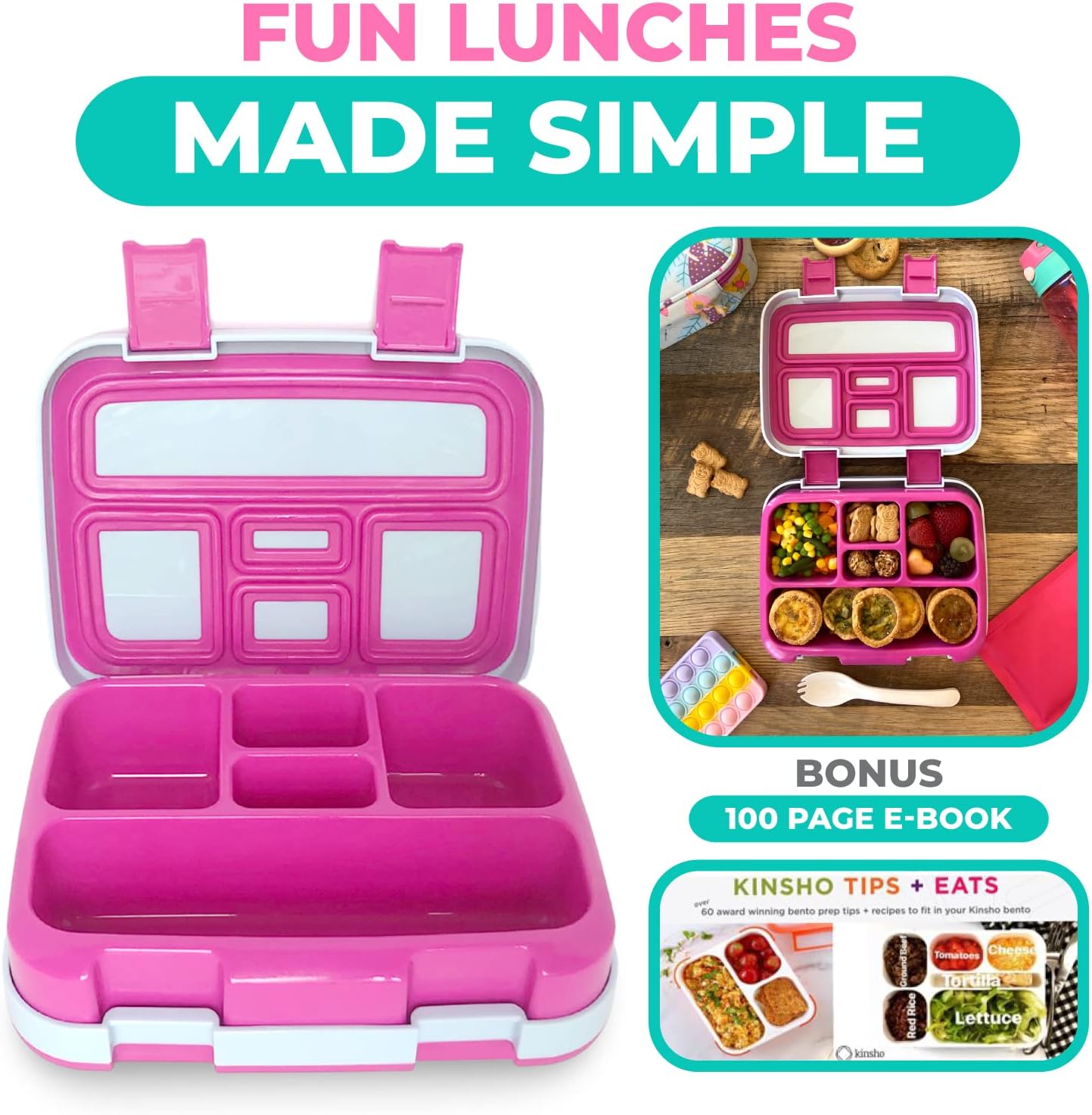 Kinsho Bento Lunch Box for Kids Toddlers, 5 Portion Control Sections, BPA Free Removable Plastic Tray, Pre-School Kid Toddler Daycare Lunches, Snack Container Ages 3 to 7 (Blue Space Rockets)