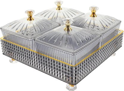 Luxshiny 7.28 Inch Snack Platter with 4 Covered Bowls and Tray Divided Serving Plate for Dried Fruit Candy Nuts Party and Home Entertaining Food Storage Bowl