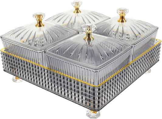 Luxshiny 7.28 Inch Snack Platter with 4 Covered Bowls and Tray Divided Serving Plate for Dried Fruit Candy Nuts Party and Home Entertaining Food Storage Bowl