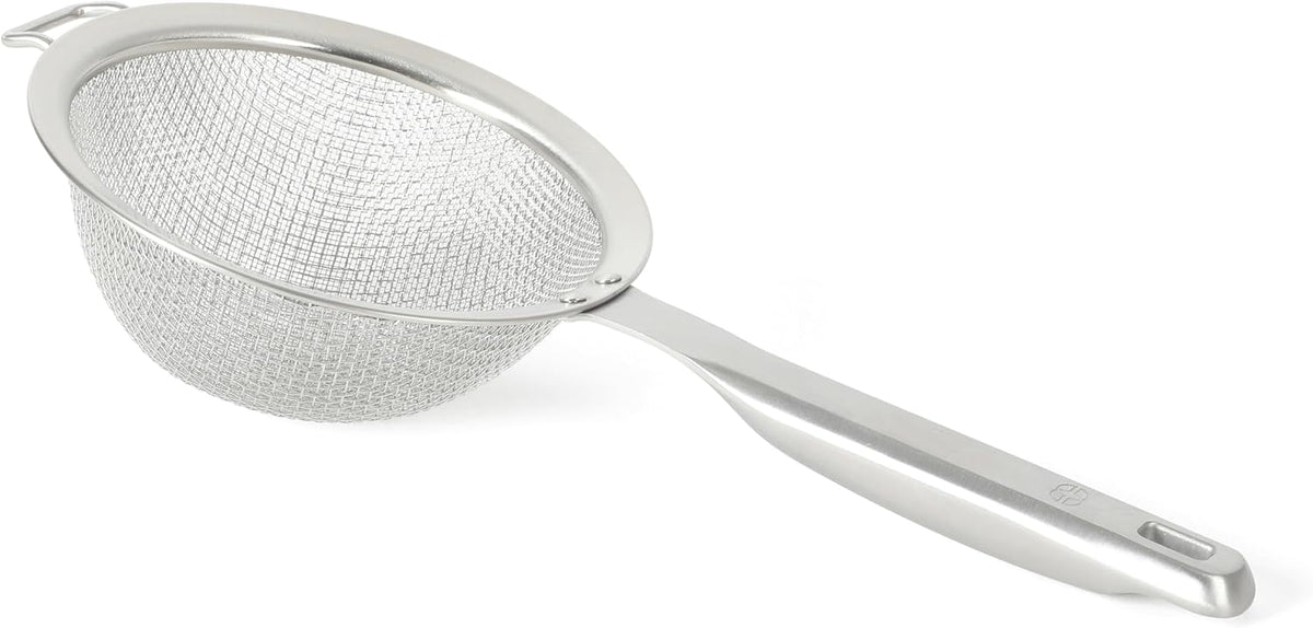 Calphalon Prime Edge 5-Inch Stainless Steel Strainer, Fine Mesh Kitchen Colander Strainer with Thermoplastic Rubber Handle, Sifter for Rinsing, Draining & Straining Food, Navy