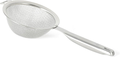 Calphalon Prime Edge 5-Inch Stainless Steel Strainer, Fine Mesh Kitchen Colander Strainer with Thermoplastic Rubber Handle, Sifter for Rinsing, Draining & Straining Food, Navy