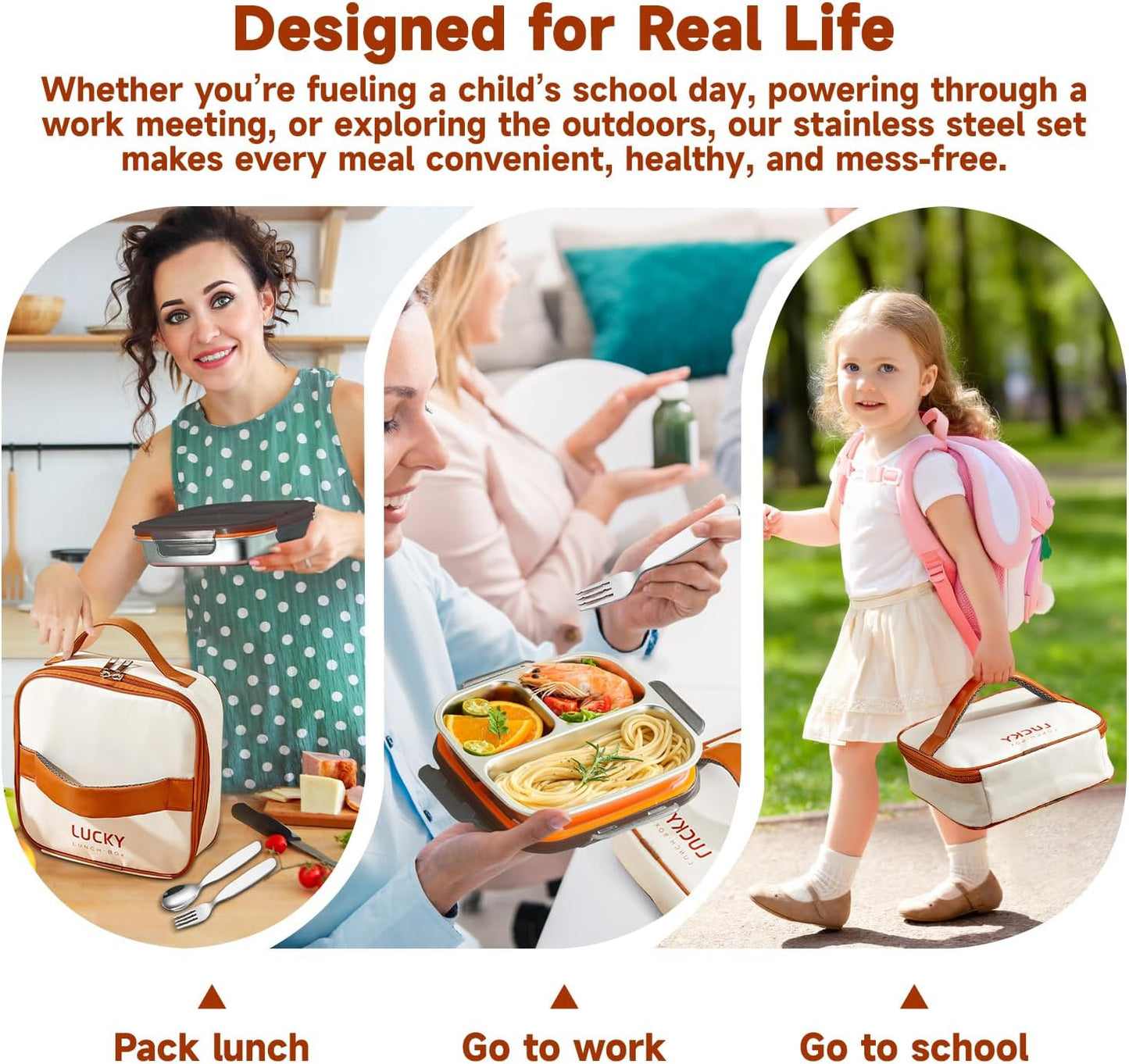 stainless steel lunch box for kids with lids & Spoon Fork & Insulated Bag, Leak-Proof 3 Compartment Food Containers, Food-Grade 304 Stainless Steel, Ideal for Home, Travel (Transparent black)