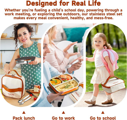 stainless steel lunch box for kids with lids & Spoon Fork & Insulated Bag, Leak-Proof 3 Compartment Food Containers, Food-Grade 304 Stainless Steel, Ideal for Home, Travel (Transparent black)