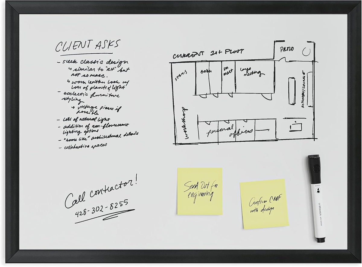 U Brands Framed Magnetic Weekly Calendar Dry Erase White Board, Office Supplies, Black Frame, with Marker, Magnet, 11” x 18”