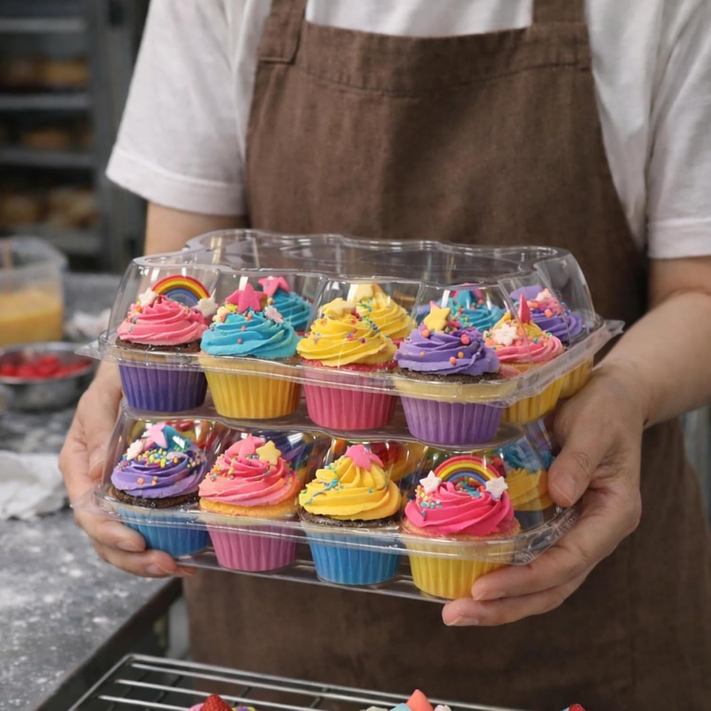 WIKDAY (12 Count x 20 Sets Plastic Cupcake Containers with Liners, Clear Cupcake Holder with Lids, Disposable Cupcake Carrier for Bakery, Cupcake Storage Box for Parties, Bake Sale Packaging