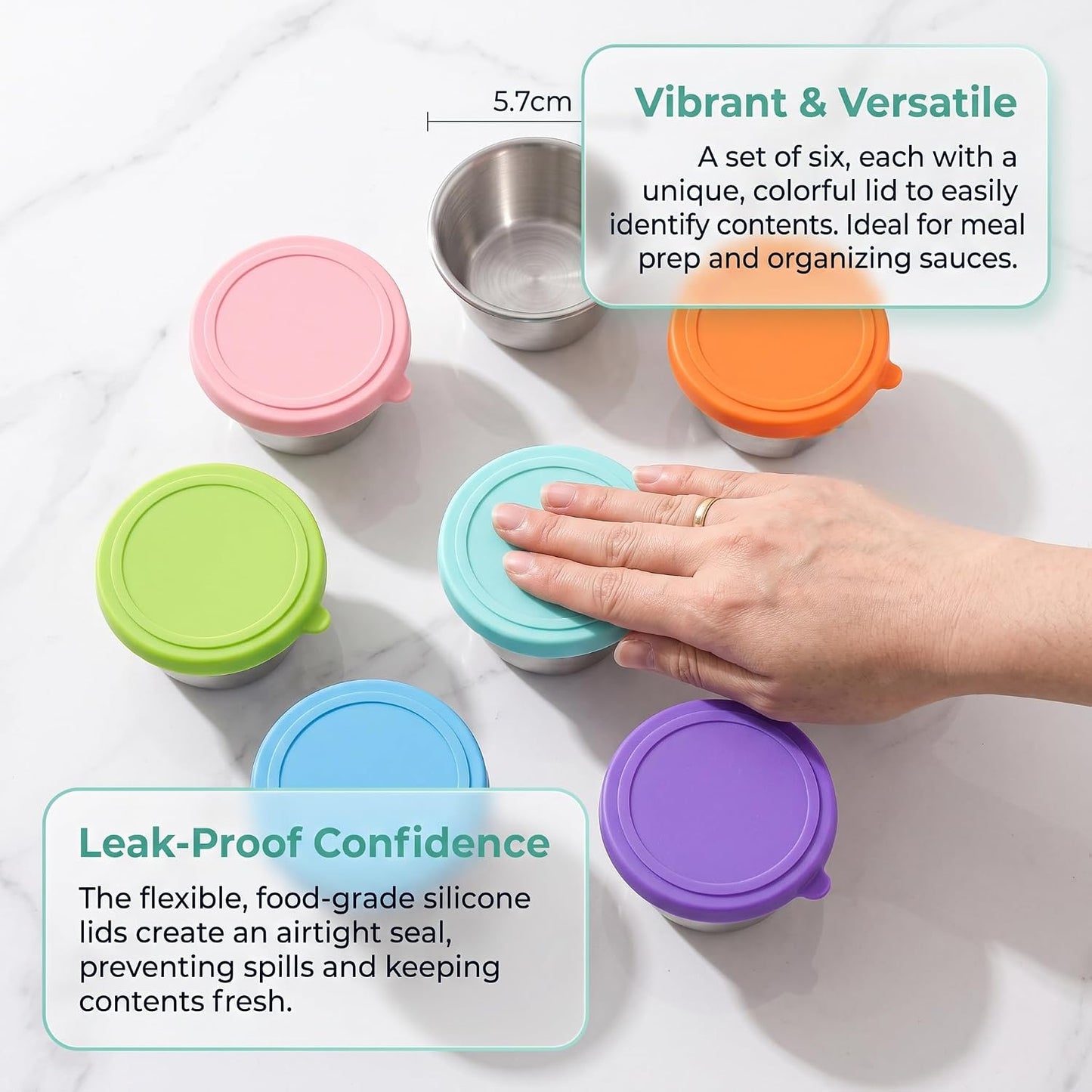 Set of 6 Stainless Pinch Bowls - 1.35 fl oz with Lids, Leakproof Reusable Mini Dipping Cups, Small Condiment Containers for Salad Dressing, Ketchup, Seasoning, 6 Colors, Dishwasher Safe
