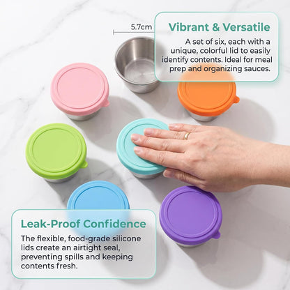 Set of 6 Stainless Pinch Bowls - 1.35 fl oz with Lids, Leakproof Reusable Mini Dipping Cups, Small Condiment Containers for Salad Dressing, Ketchup, Seasoning, 6 Colors, Dishwasher Safe