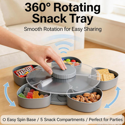 Snack Spinner with Lid, Rotating 5 Compartment Snack Tray for Fruit, Nuts, Candy and Appetizers, Divided Serving Container for Party, Family Night and Kitchen Counter (Blue)