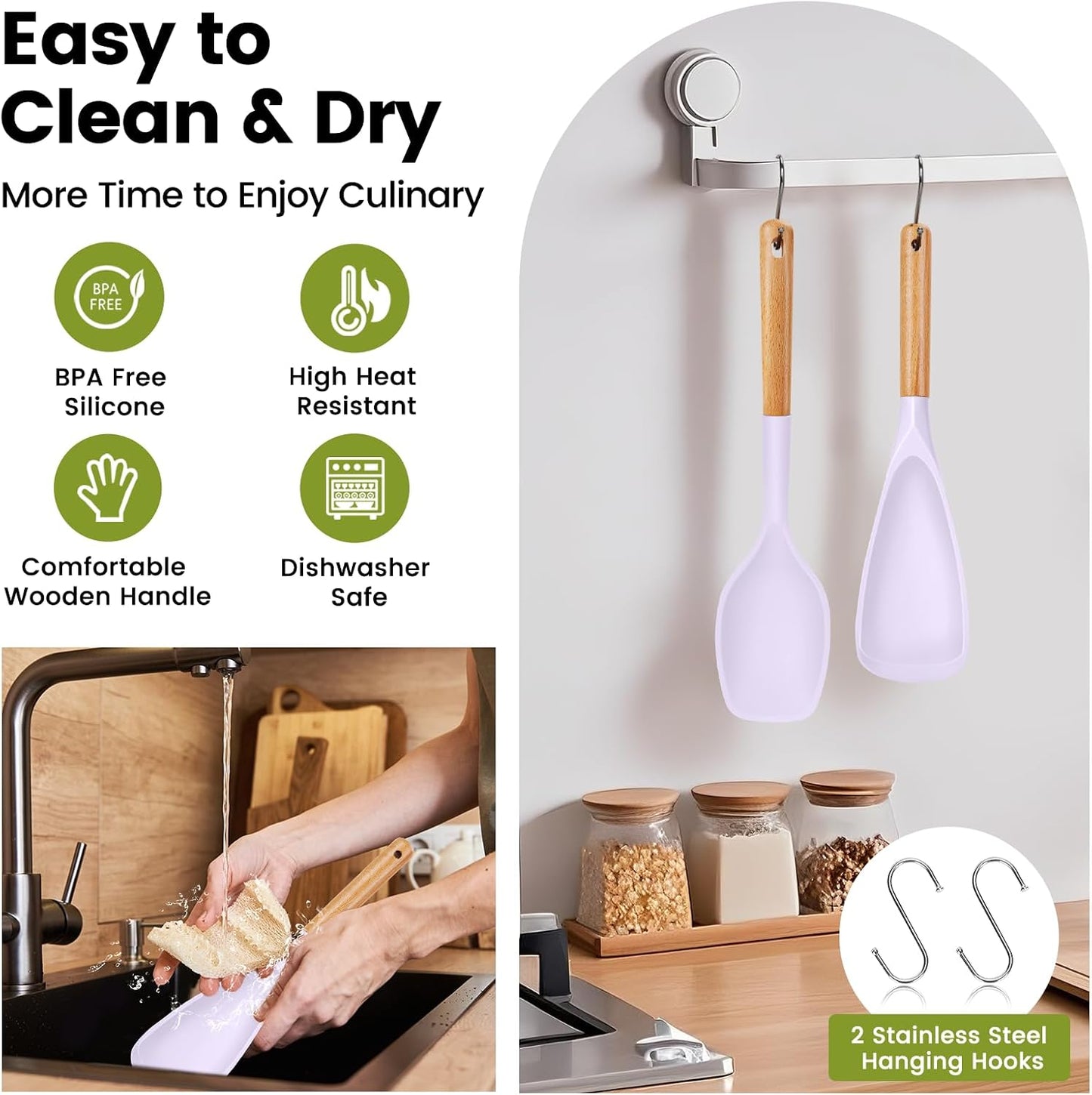 Large Silicone Cooking Spoons Set, 2 Pcs Heat Resistant Serving Spoon, Multifunction Nonstick Spatula Spoon, Kitchen Cucharras de Silicona for Mixing, Stiring, Basting, Scooping, Scraping