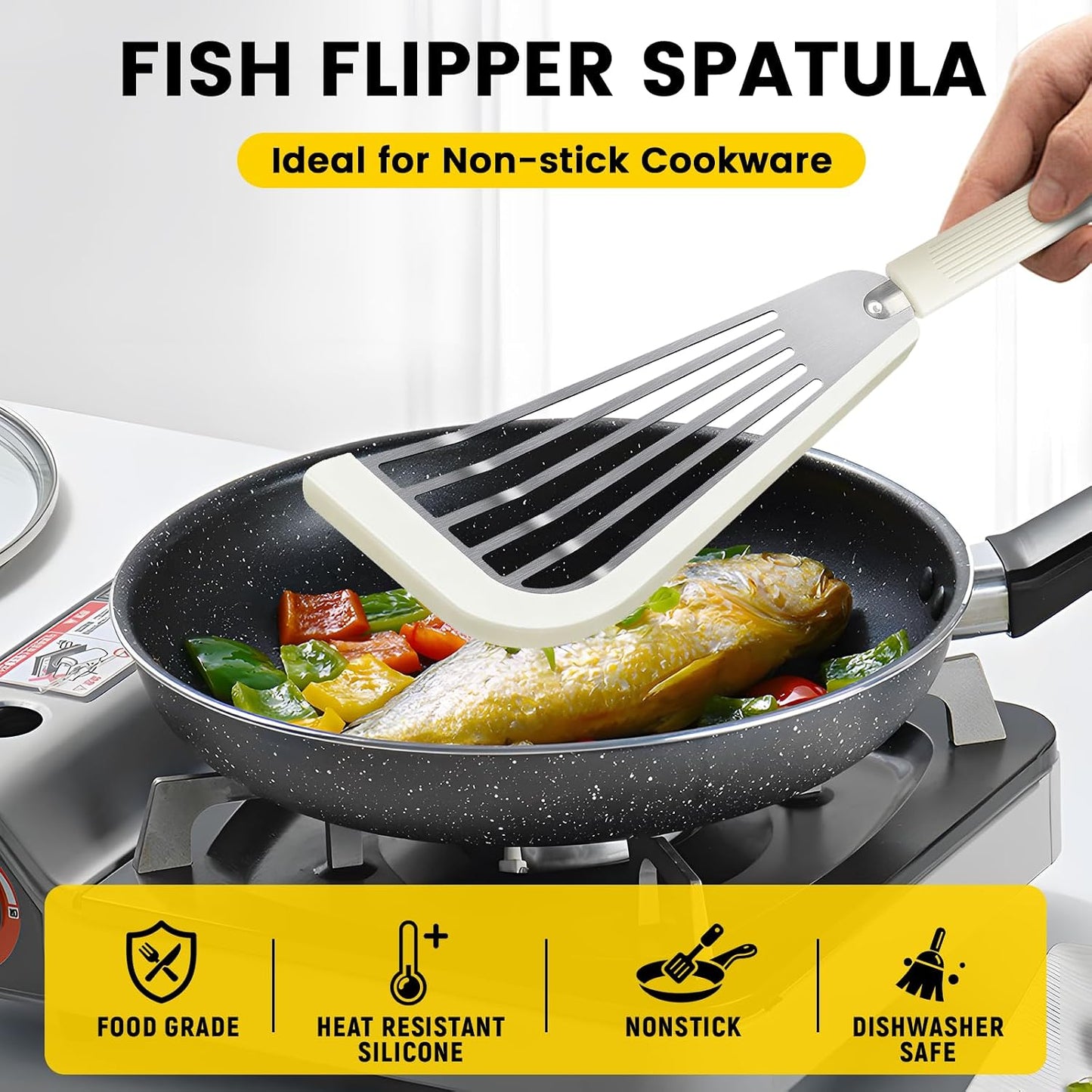 Silicone Fish Spatula, Heat Resistant Silicone Edge for Nonstick Cookware, Fish Turner for Kitchen Use, Flexible and Thin Stainless Steel Cooking utensils, Perfect Slotted Spatula for Egg, Pancake