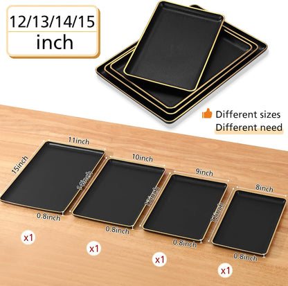 Rtteri Set of 4 Large Serving Platter Set 15/14/13/12 Inch Heavy Plastic Serving Trays Unbreakable Rectangular Platter Reusable Wood Grain Tray for Buffet Wedding Christmas Party(Black and Red)