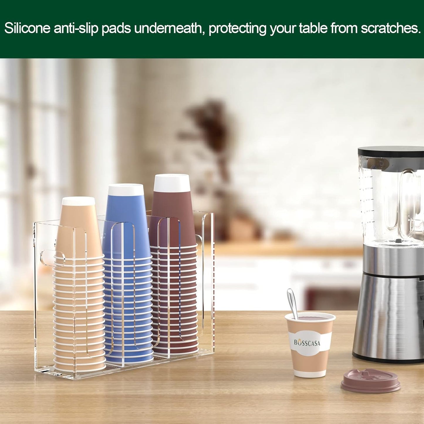 Disposable Coffee Cup Dispenser with Handles, Countertop or Wall Mount Hot/Cold Drink Cup and Lid Holder - Bathroom/Kitchen/Office Acrylic Cup Lid Storage Organizer (1 Compartment, Clear)