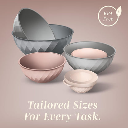 COOK WITH COLOR Mixing Bowls with Lids - 12 Piece Plastic Nesting Bowls Set includes 6 Prep Bowls and 6 Lids, Microwave Safe Mixing Bowl Set, Pink Embossed - Colors B