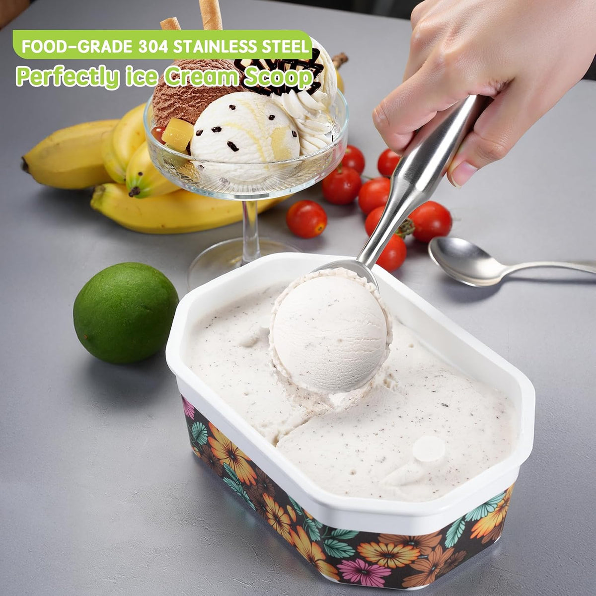 Ice Cream Scoop, 7.9 inches One-Piece Design Stainless Steel Scooper for Cookie Dough,Gelato, Sorbet,Heavy Duty with Comfort Handle, Dishwasher Safe