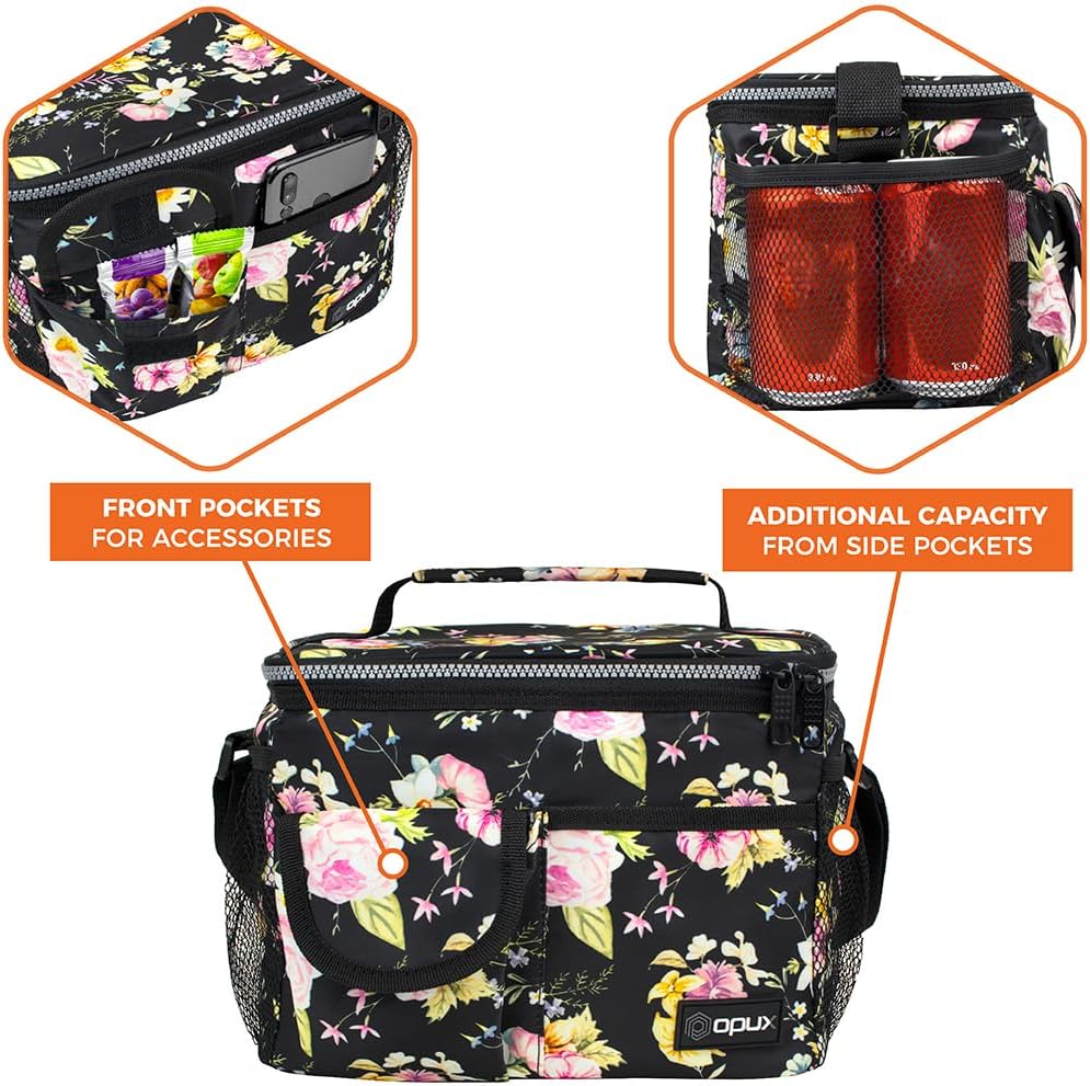 opux Insulated Lunch Bag for Men Women, Leakproof Black Lunch Box for Work, Portable Soft Lunch Cooler Bag with Shoulder Strap, Adult Lunchbox Lunch Pail for Kid Boy Girl School, 14 Can/8L
