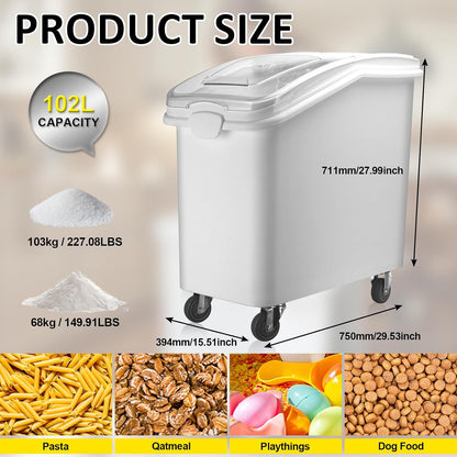 26.93 Gallon Commercial Flour Bin with Locking Wheels,Mobile Ingredient Storage Container,Holds 227lb Sugar /149lb Flour,Kitchen & Pantry Organizer