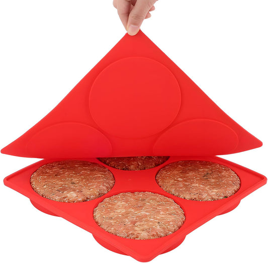 Silicone Burger Patty Maker & Freezer Tray, Grilling Cookware 4-Cavity Mold with Airtight Lid, Make 4 Perfect 4.7-Inch Patties at Once for Easy BBQ Prep & Freezer Storage