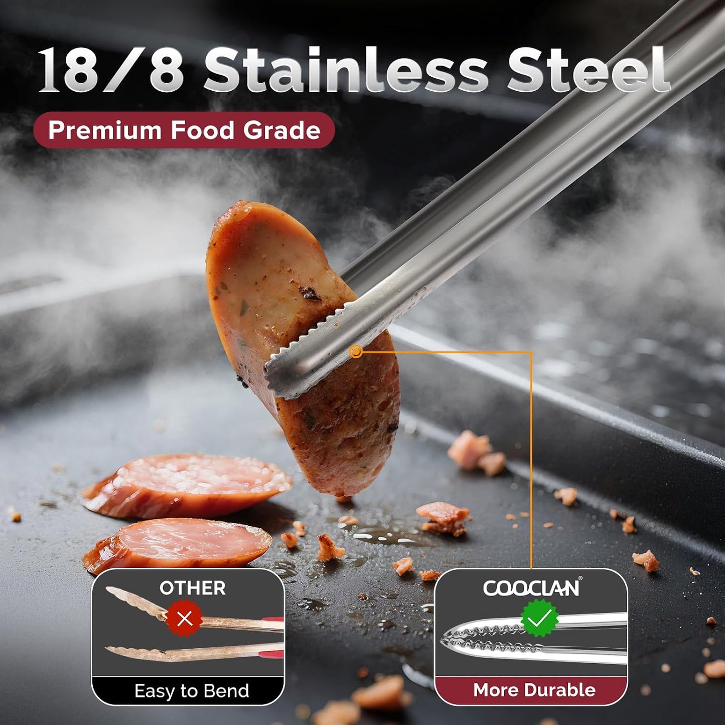 Precision Serrated Non-Slip Tips Cooking Tongs 2 Set (11.5" & 13.5"), 18/8 Stainless Steel Metal Tong, Light but Durable, Easily Control Kitchen Tweezer Tongs for Frying, Plating, BBQ