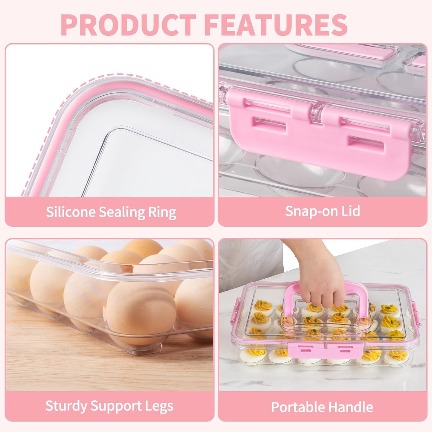 MesRosa 2 Pack Deviled Egg Containers with Lid and Handle, Durable Clear Plastic Deviled Egg Carrier Storage 48 Eggs, Stackable Egg Holder for Fridge, Portable Tray Platter for Party & Picnics-White
