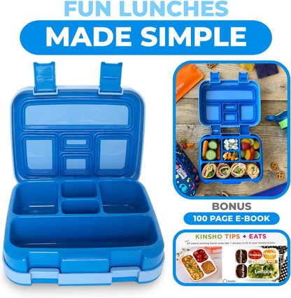 Kinsho Bento Lunch Box for Kids Toddlers, 5 Portion Control Sections, BPA Free Removable Plastic Tray, Pre-School Kid Toddler Daycare Lunches, Snack Container Ages 3 to 7 (Blue Space Rockets)