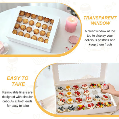 2 Pack White Mini Cupcake Boxes Holder for 24 Cupcakes, Food Grade Dessert Muffins Box Containers with Window and Inserts for Birthday Holiday Party Bakery Supplies