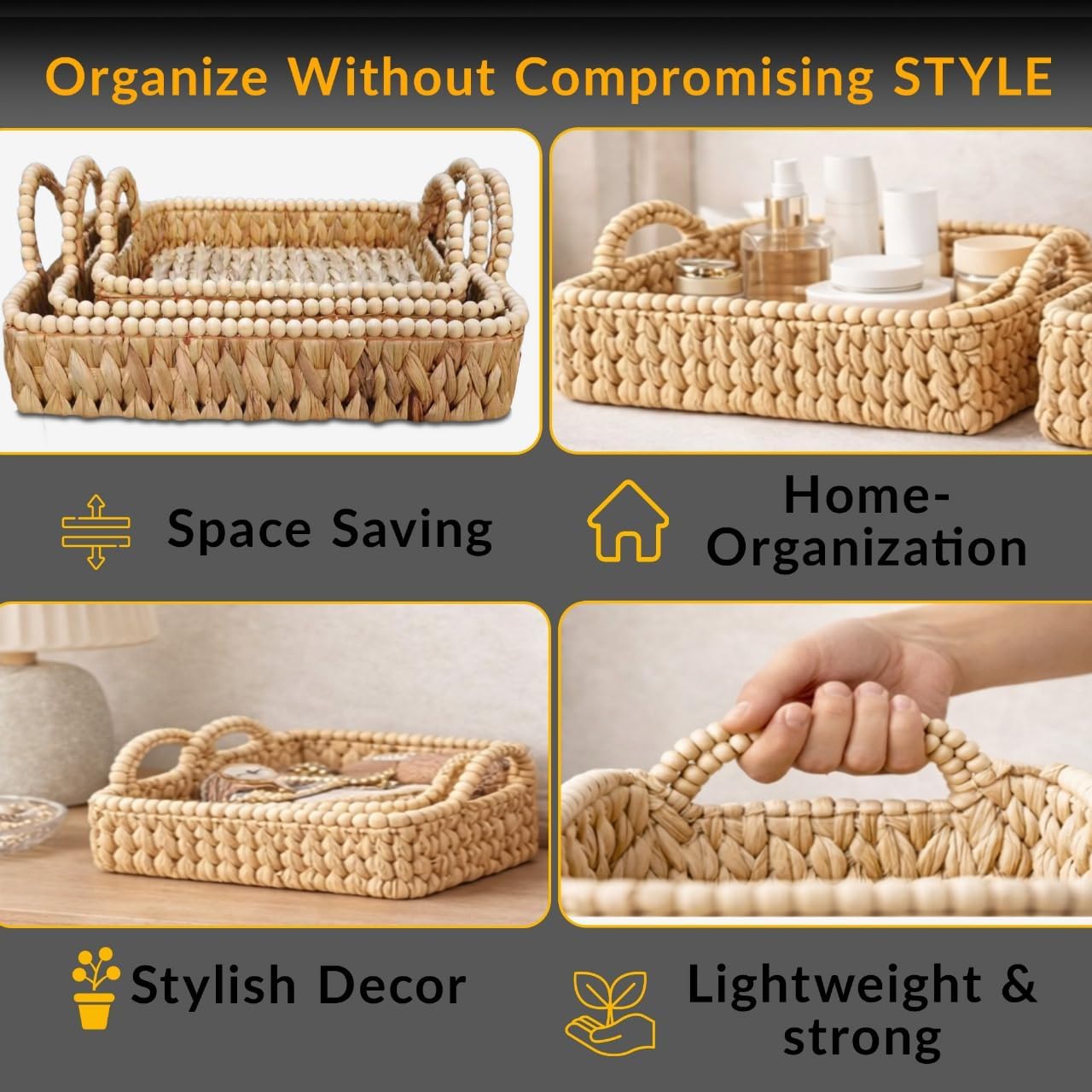 Set of 3 Beaded Hand-Woven Water Hyacinth Storage Baskets – Rectangular Wicker Baskets for Organizing Shelves, Pantry & Home Decor – Eco-Friendly Basket Storage with Sturdy Handles