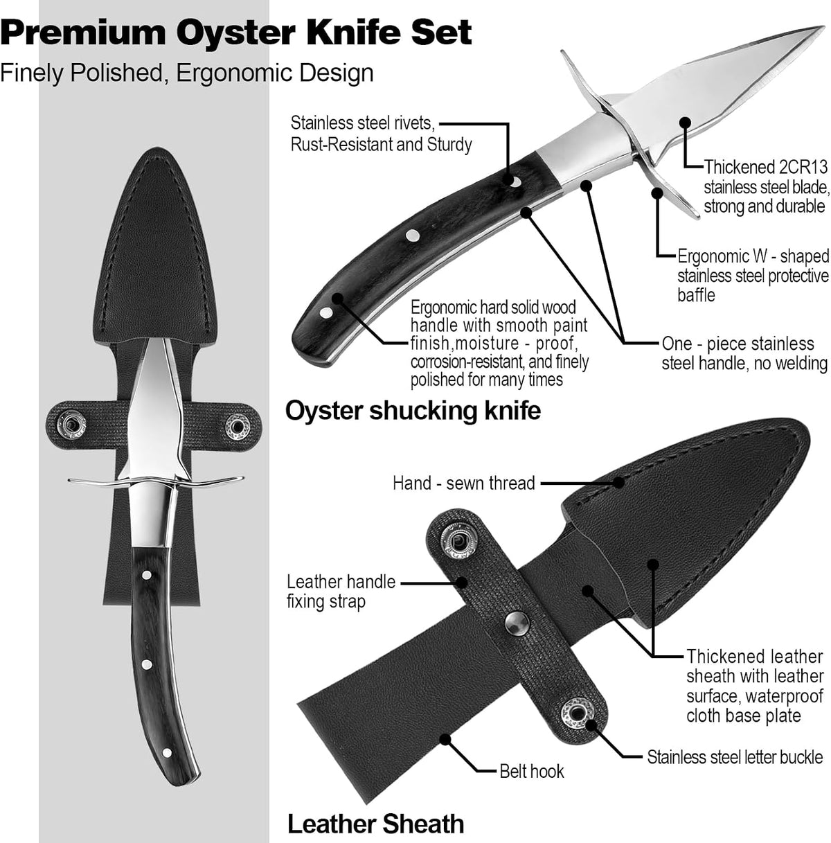 QUMMFA Professional Oyster Shucking Knife, 2CR13 Stainless Steel Oyster Knife, Sturdy Sharpness Opener for All Kinds of Shells, and Level 5 Cut Resistant Glove (XL)