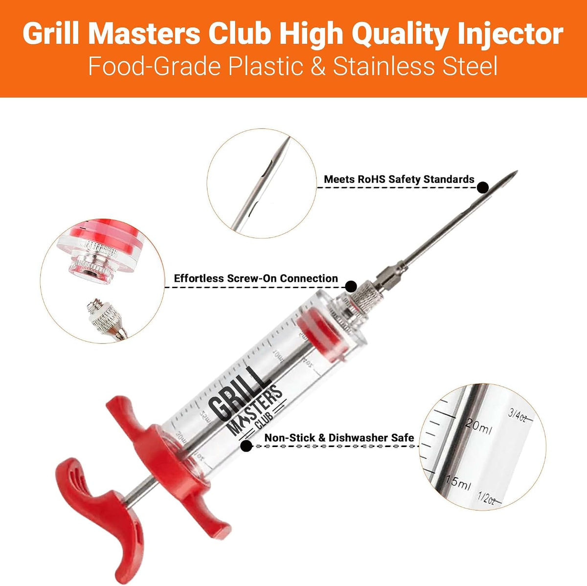 Grill Masters Club High Pressure Marinade Injector Injector Syringe for Smoking Premium Portable Turkey Injector for Meats with Stainless Steel Needle - 30ml Capacity