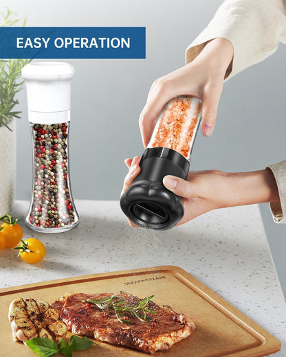 CIRCLE JOY Premium Manual Salt and Pepper Grinder Set, Refillable Salt and Pepper Shakers with Ceramic Blades, Adjustable Coarseness and BPA-free 180ml Glass Container, Tall Black White