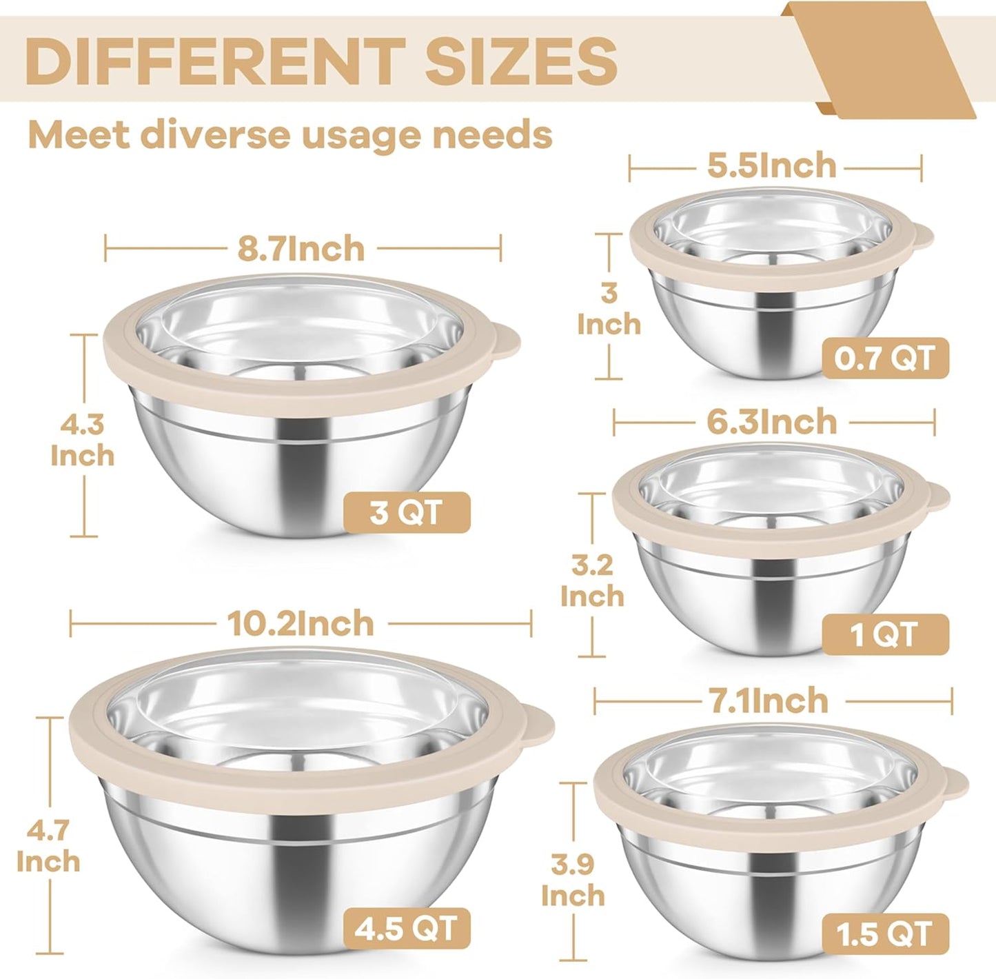 TeamFar Mixing Bowls Set, 4.5/3/1.5/1/0.7 QT Stainless Steel Nesting Salad Bowls with Airtight Lids, For Serving/Mixing/Storing, Non-Toxic & Heavy Duty, Visible & Easy Clean, Black, Set of 5